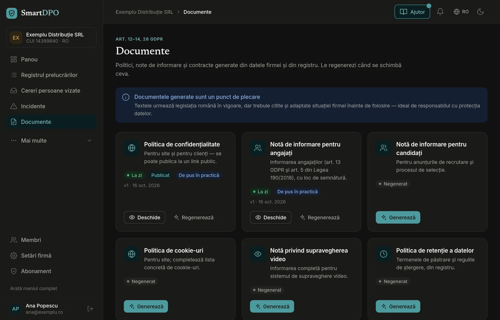 Lista documentelor firmei, cu starea fiecăruia