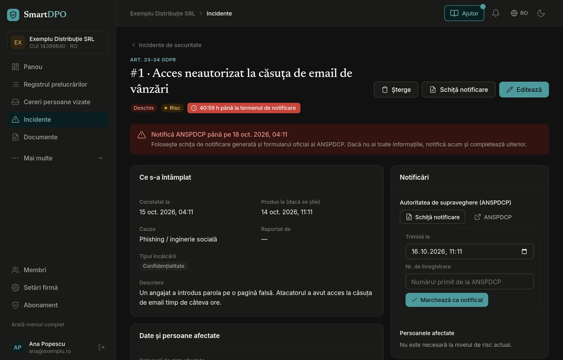 Fișa unui incident, cu timpul rămas până la termenul de notificare