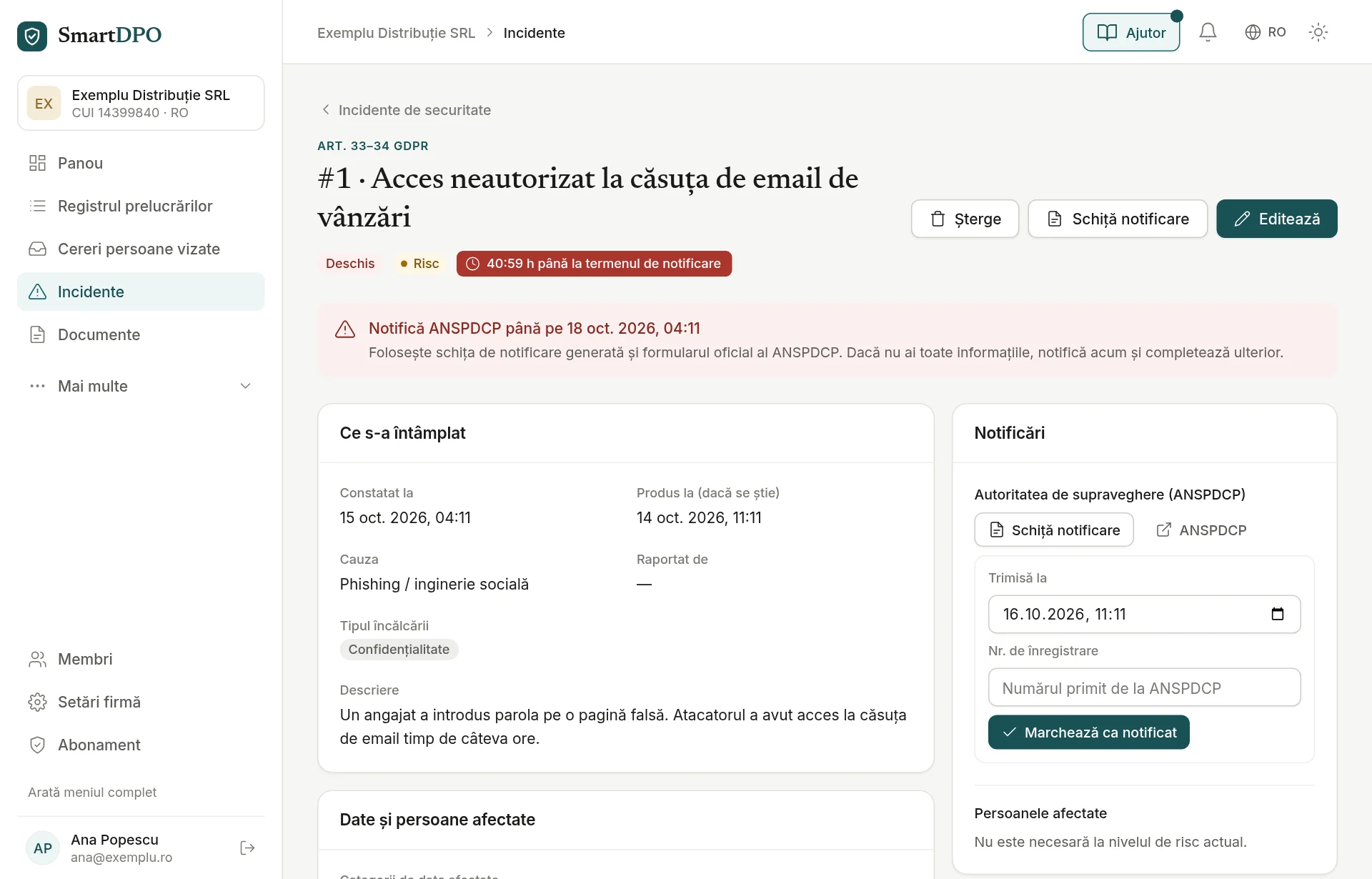 Fișa unui incident, cu timpul rămas până la termenul de notificare